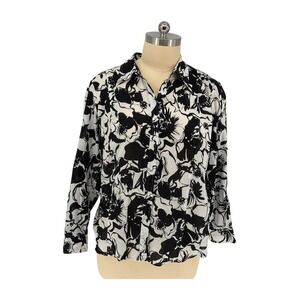 Jones New York Button Down Shirt Black White Floral 100% Cotton 3X